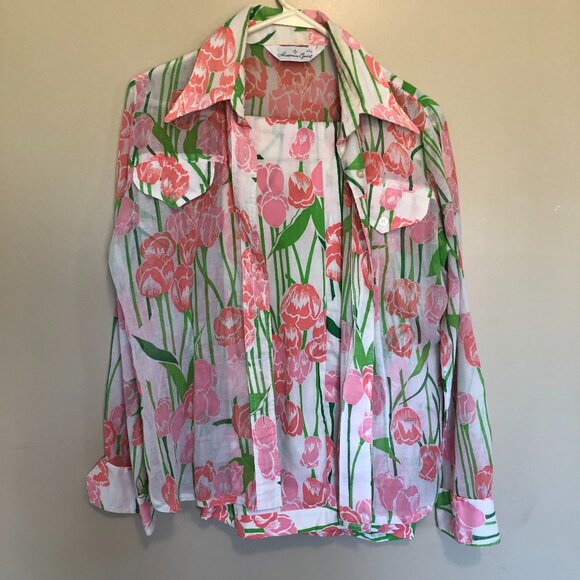 Vintage Herman Geist 2 Piece Floral Summer Semi Sheer Shirt & Bell Bottom Pants